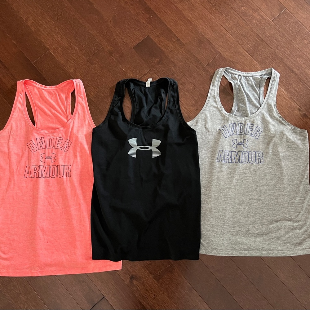 3 Under Armour Performance Tanks - Coral, Black, Heather Gray